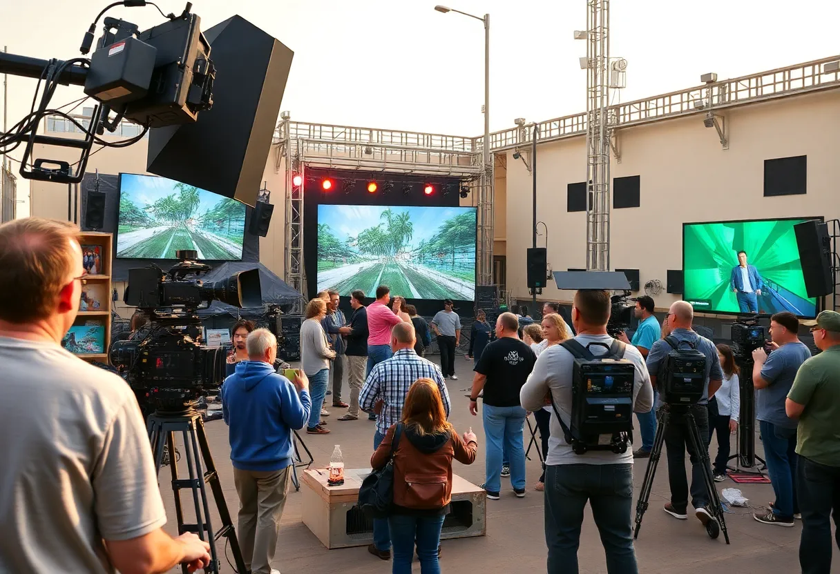 Film crew working on a set in California