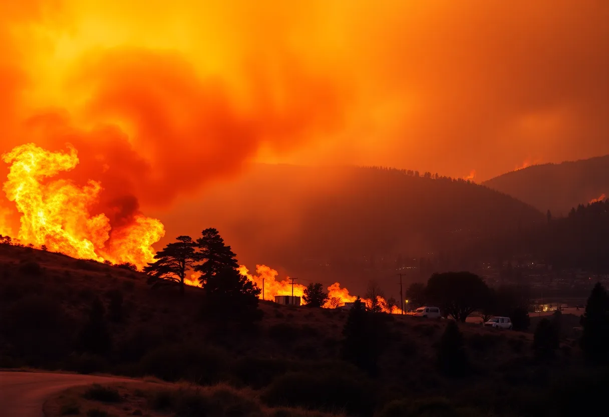 A wildfire in California with firefighters managing the situation.