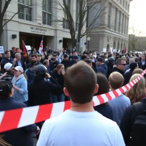 Crowd panicking at a university event after a shooting incident.