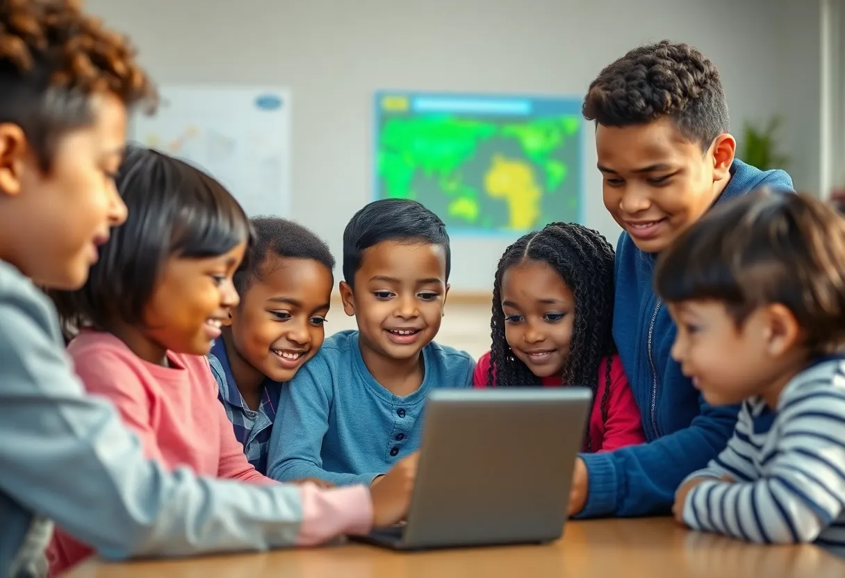 Children using technology with a focus on safety and awareness regarding AI chatbots.