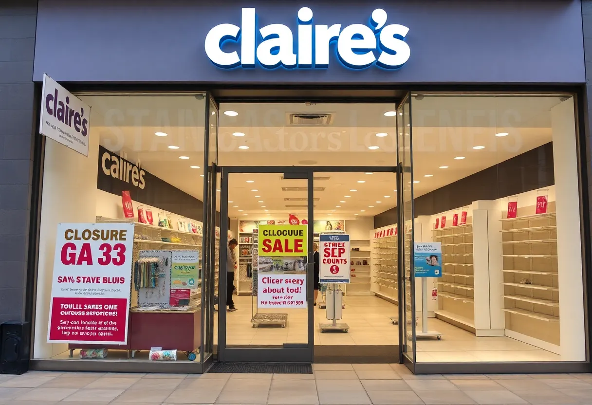 Claire's accessories store with sale signs and empty shelves.