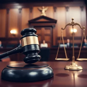 Courtroom with gavel and scales of justice