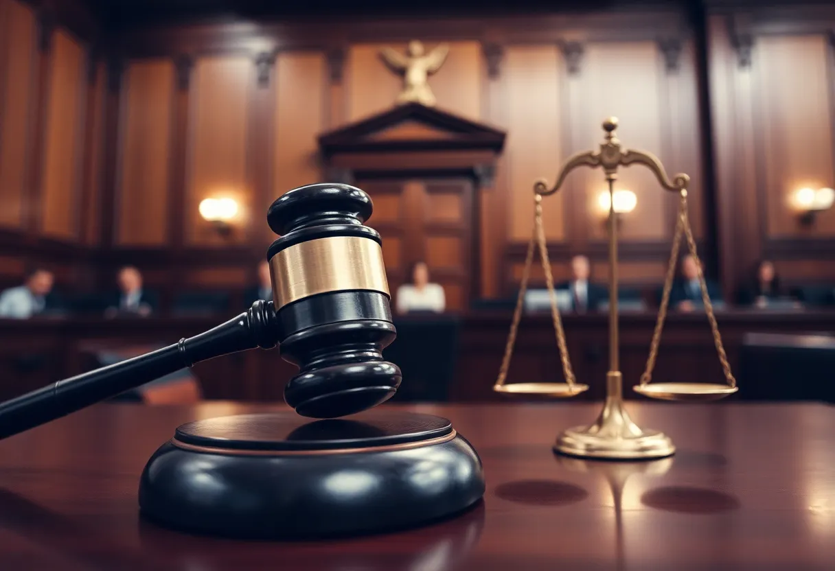 Courtroom with gavel and scales of justice