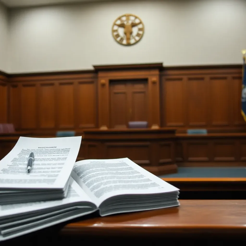 Empty courtroom with legal documents symbolizing serious charges