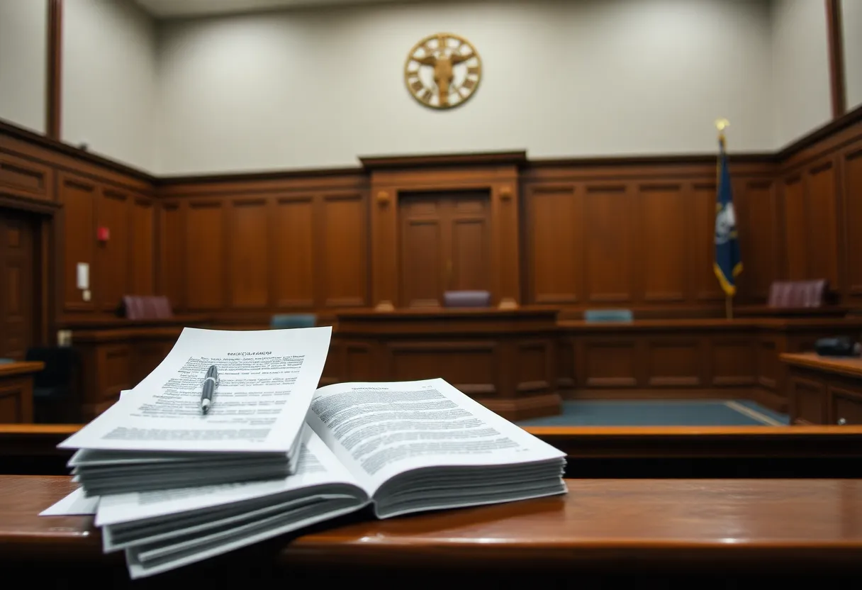 Empty courtroom with legal documents symbolizing serious charges