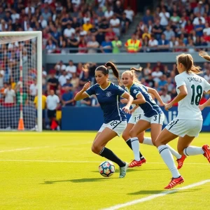 Cynthia Ramirez celebrating after scoring a goal in a soccer match.