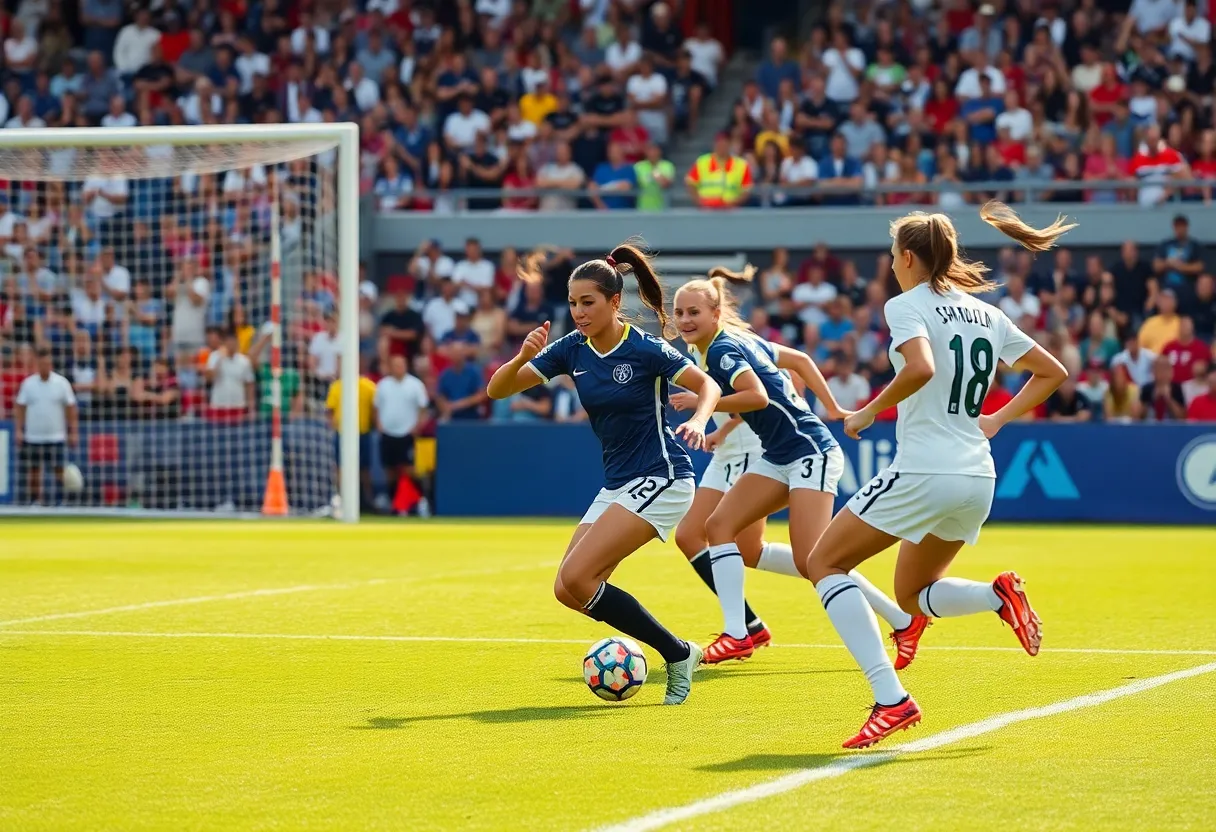 Cynthia Ramirez celebrating after scoring a goal in a soccer match.