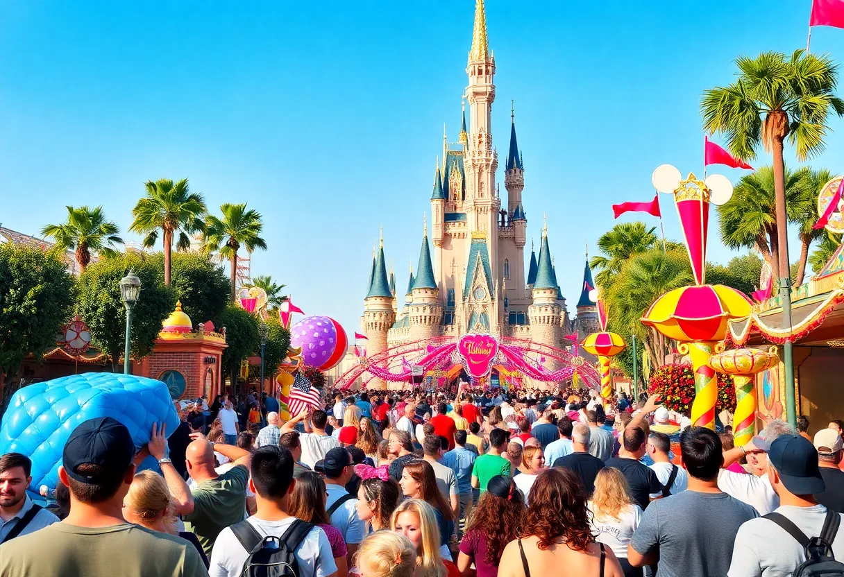 Fans enjoying the D23 Disney fan event with decorations and attractions
