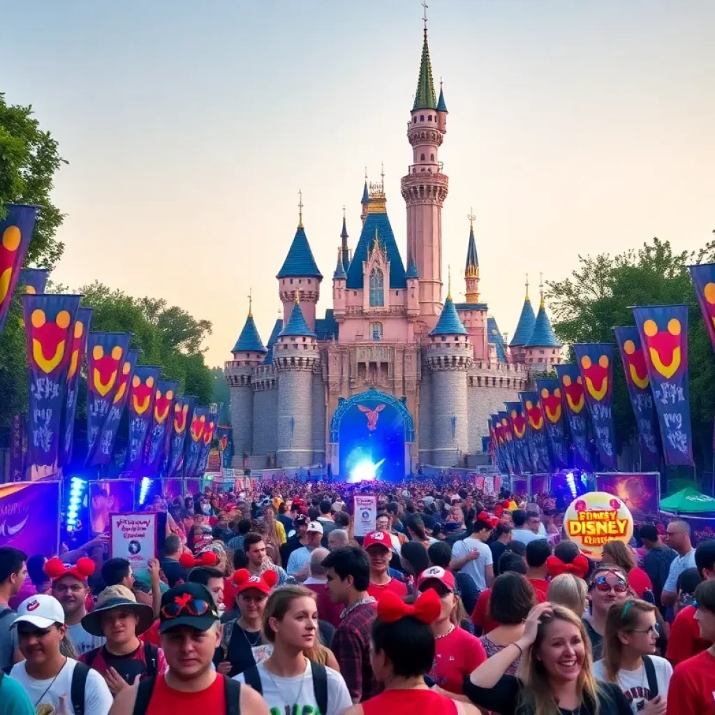 A lively atmosphere at a Disney D23 event with fans celebrating.