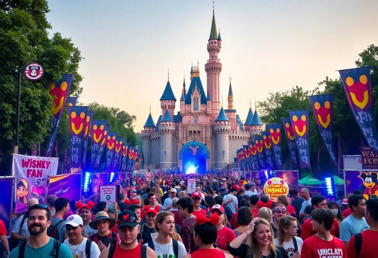 A lively atmosphere at a Disney D23 event with fans celebrating.