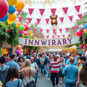 Celebration at Disneyland's 70th Anniversary event in Anaheim with vibrant decorations and happy families.