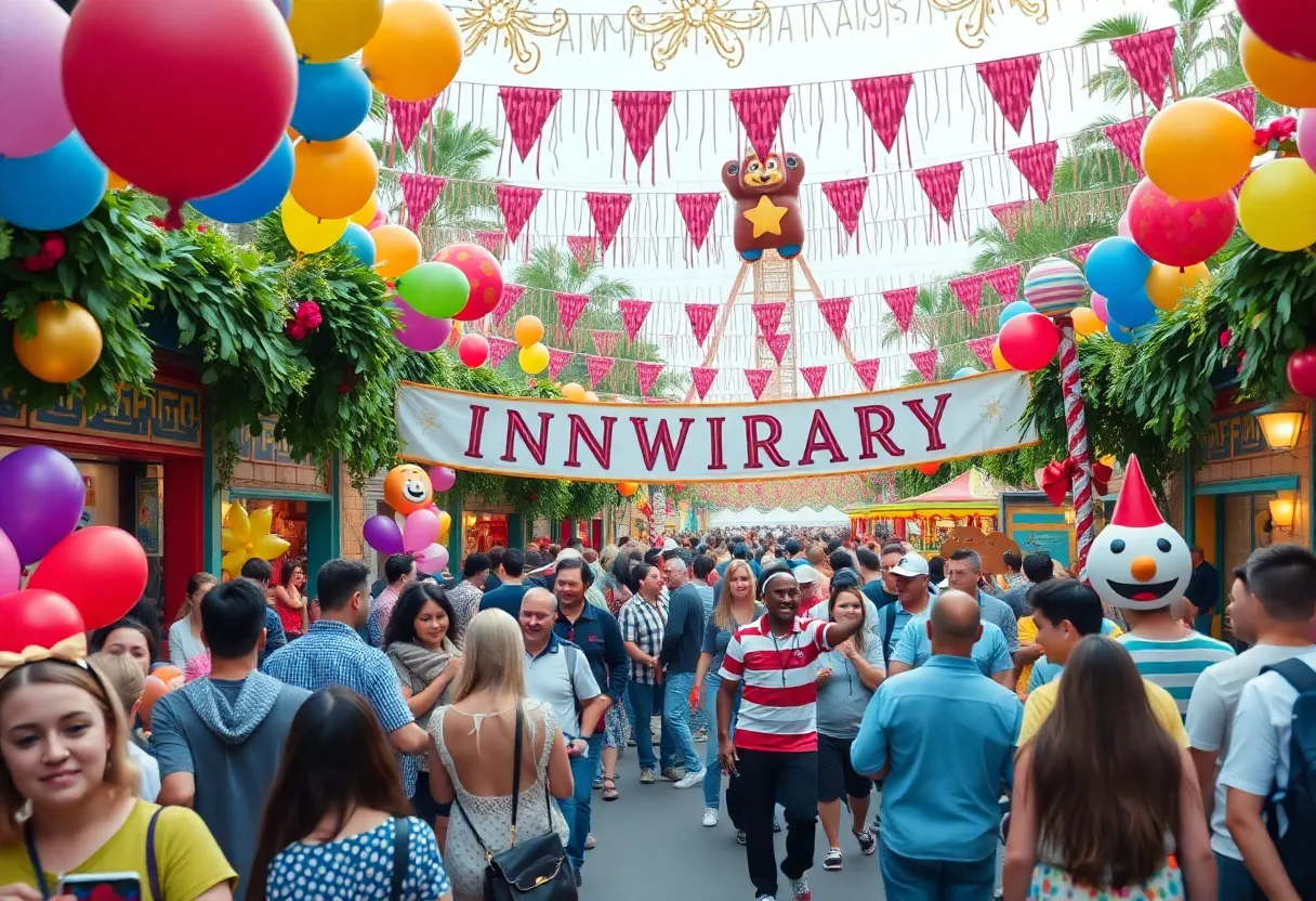 Celebration at Disneyland's 70th Anniversary event in Anaheim with vibrant decorations and happy families.