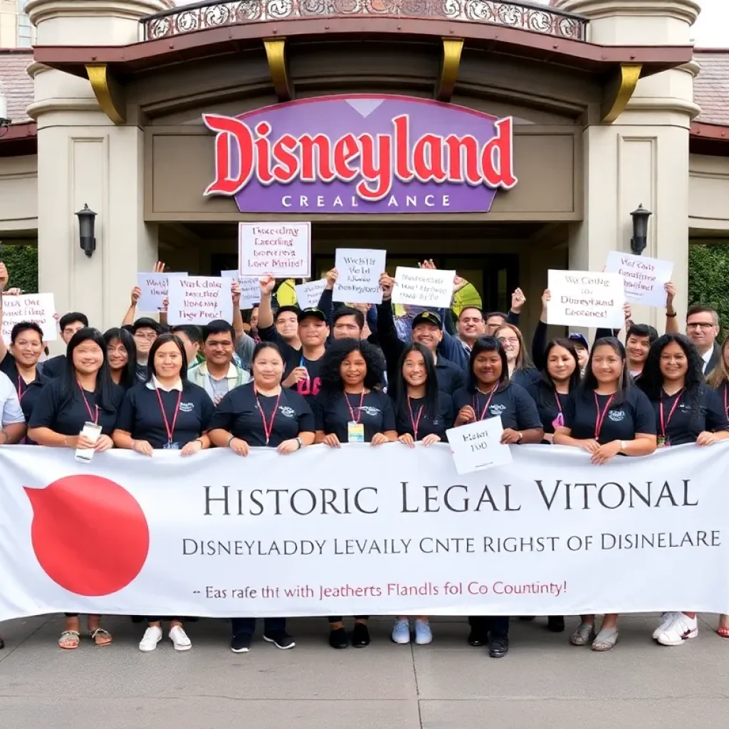 Diverse Disneyland employees celebrating a wage settlement victory