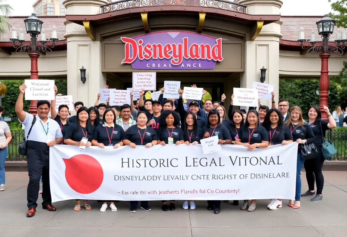 Diverse Disneyland employees celebrating a wage settlement victory