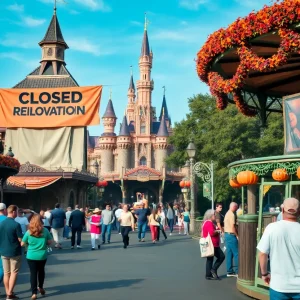 Disneyland attractions undergoing refurbishment with Halloween decorations.
