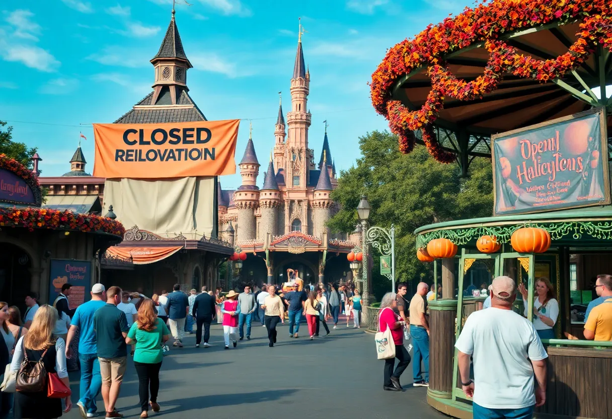 Disneyland attractions undergoing refurbishment with Halloween decorations.
