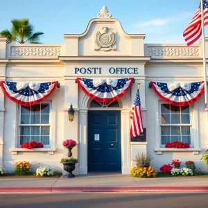 Exterior of the Dr. William Kott Post Office adorned with flowers and flags