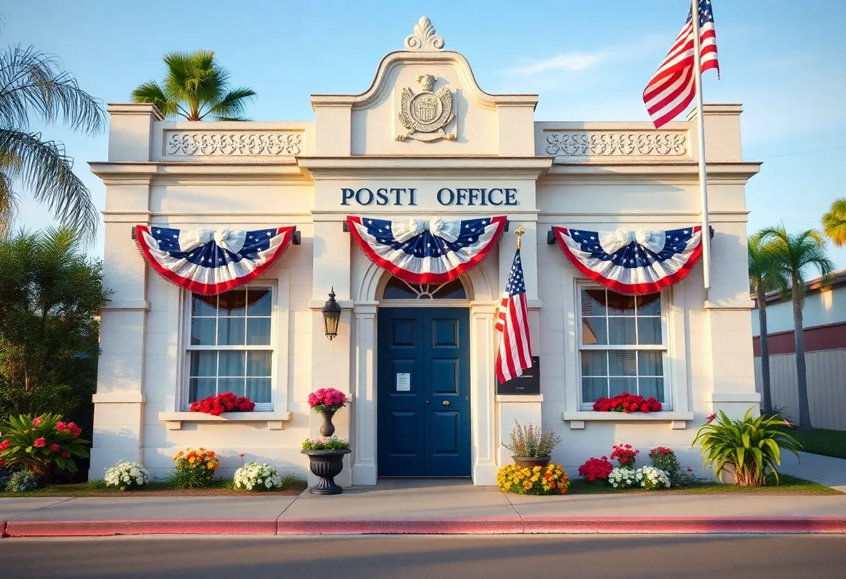 Exterior of the Dr. William Kott Post Office adorned with flowers and flags