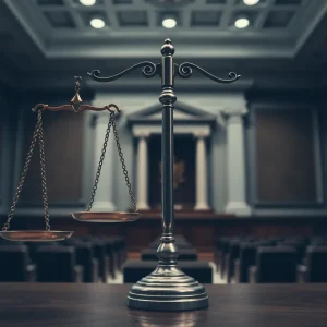 Abstract representation of justice in an empty courtroom