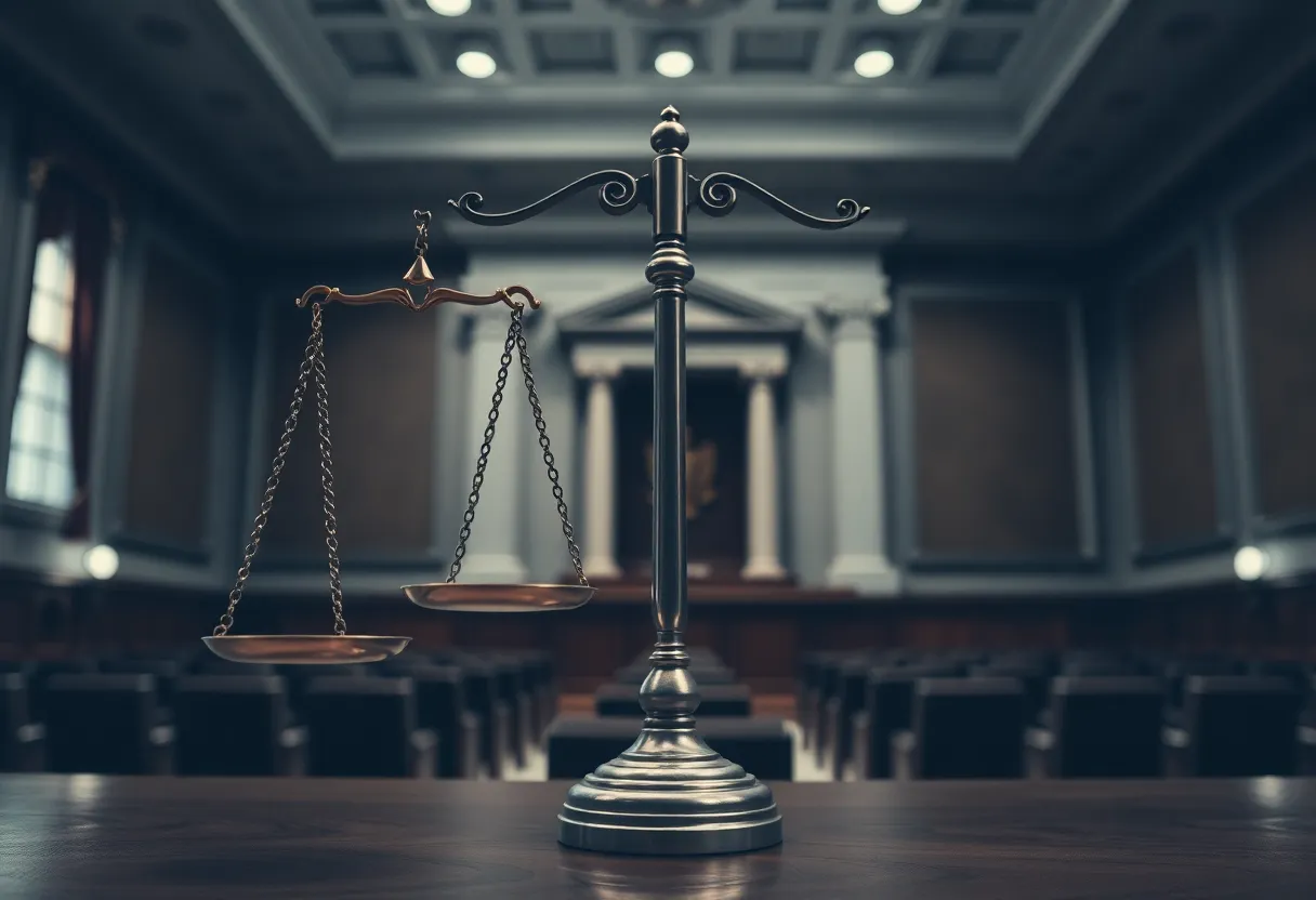 Abstract representation of justice in an empty courtroom