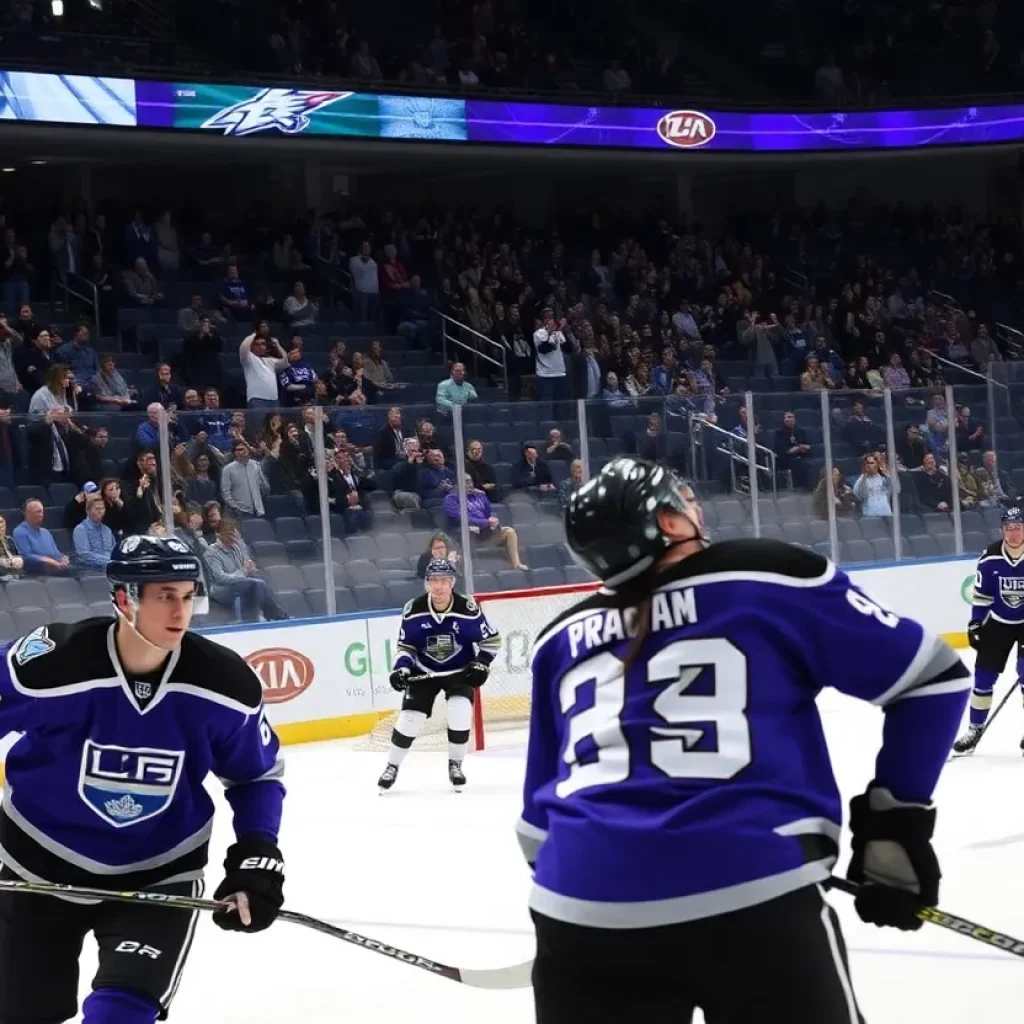 Los Angeles Kings players in action against Anaheim Ducks during a preseason hockey game.