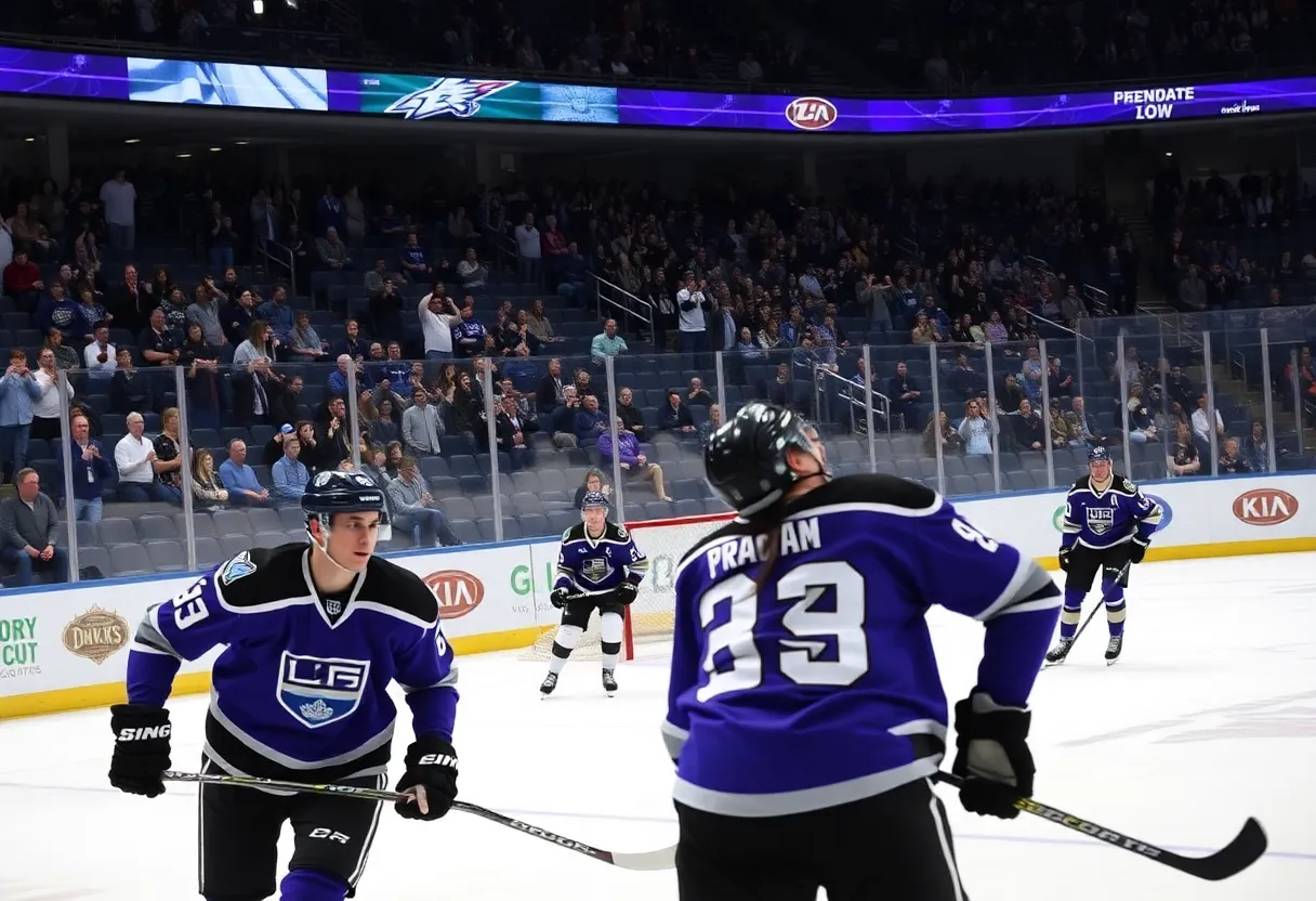 Los Angeles Kings players in action against Anaheim Ducks during a preseason hockey game.
