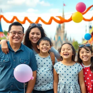 Family enjoying Disneyland with attractions and decor