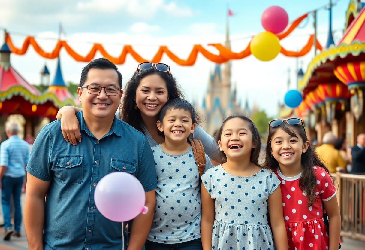 Family enjoying Disneyland with attractions and decor