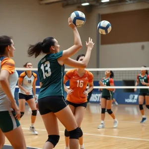 Long Beach State women's volleyball team in action during a match.