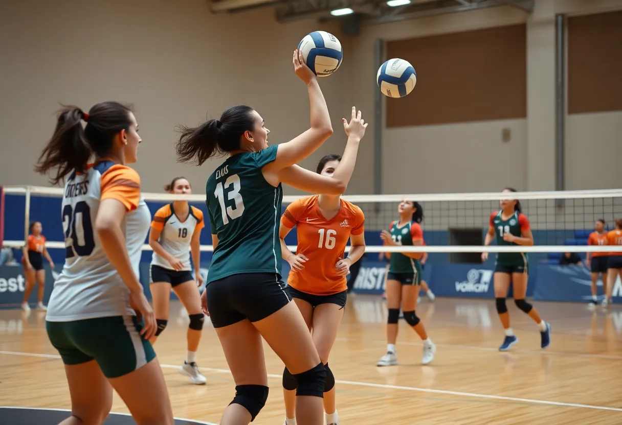 Long Beach State women's volleyball team in action during a match.
