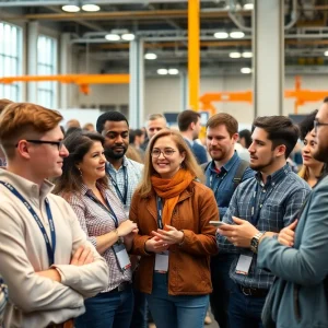 Manufacturers discussing technology at a conference