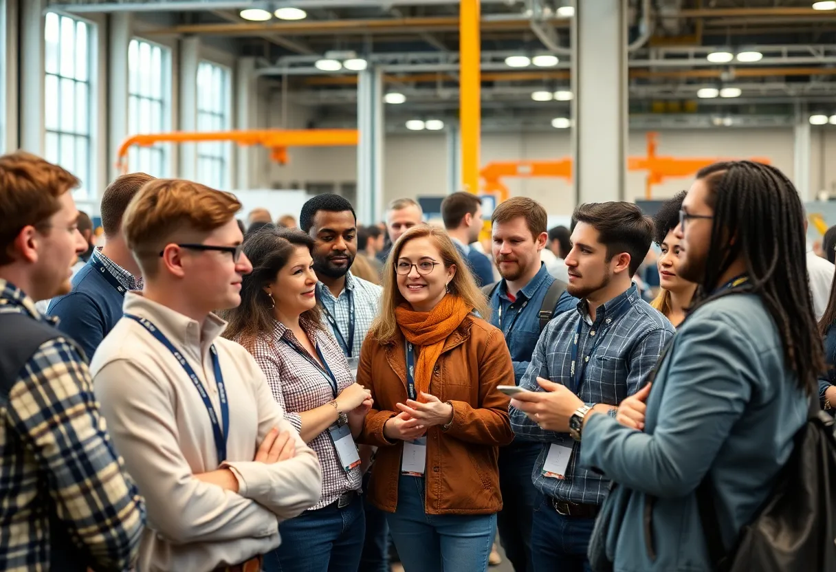 Manufacturers discussing technology at a conference