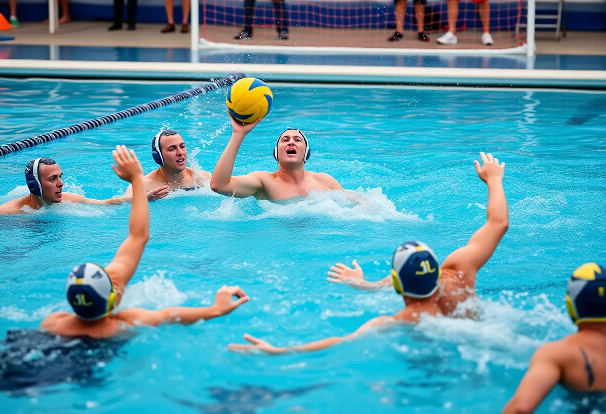 Men's water polo players competing in a match.