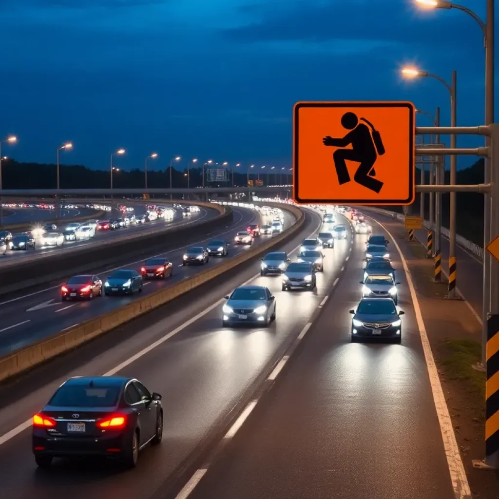 A busy freeway at night showing light trails from vehicles and caution signs for pedestrian safety.