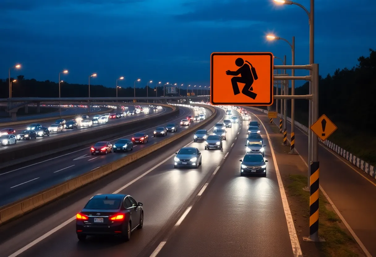 A busy freeway at night showing light trails from vehicles and caution signs for pedestrian safety.