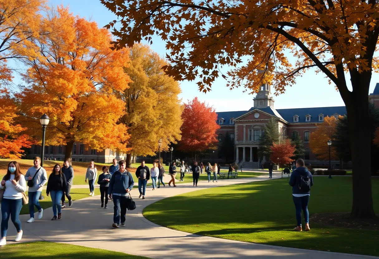 University campus in Oklahoma with autumn scenery and students