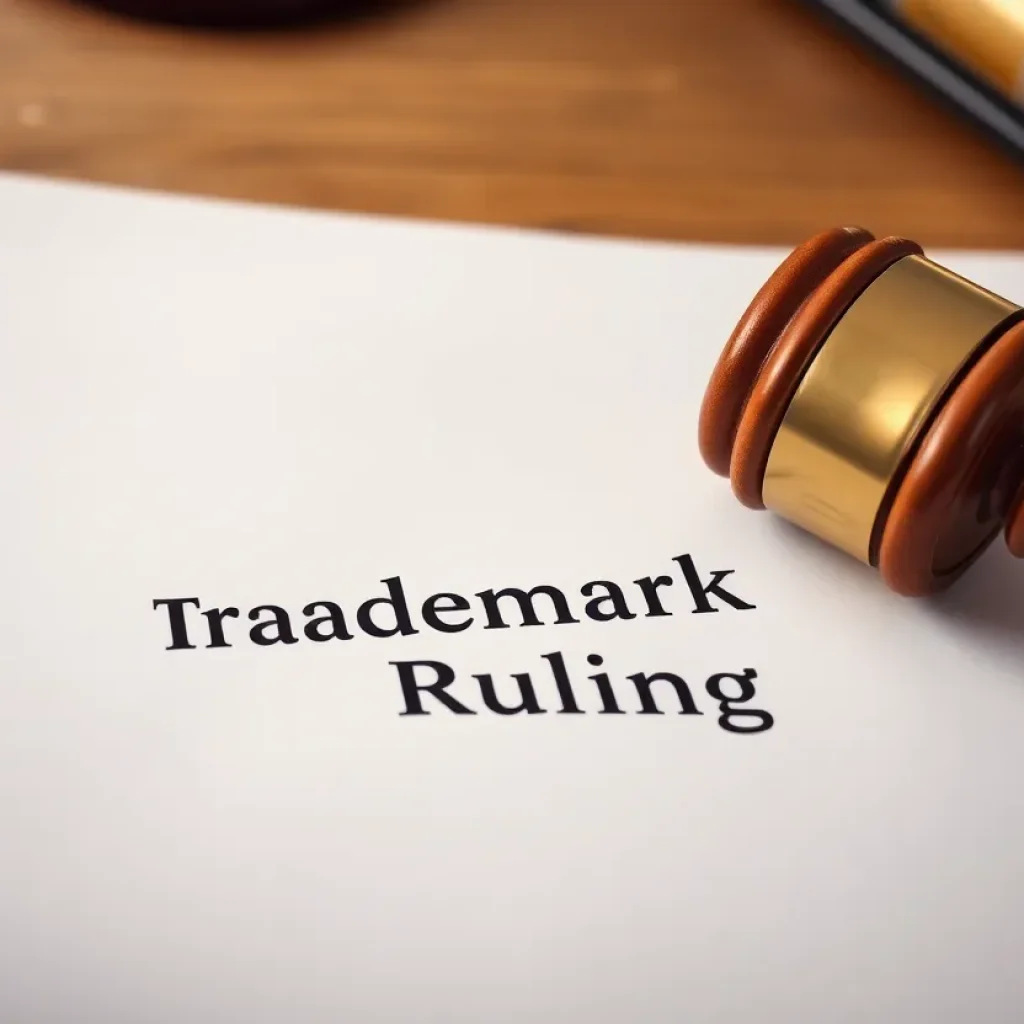 A gavel and legal documents representing a trademark ruling.