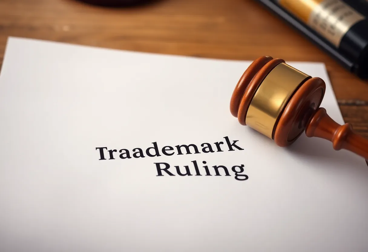 A gavel and legal documents representing a trademark ruling.