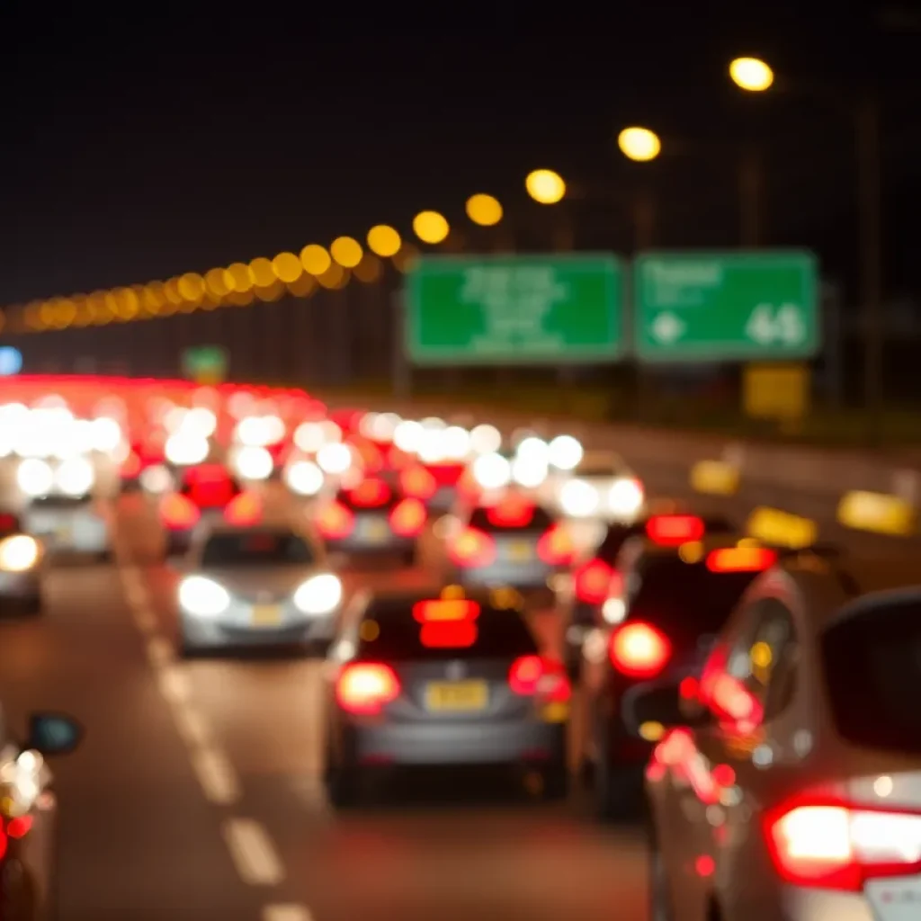 Night view of a busy freeway highlighting safety concerns for pedestrians.