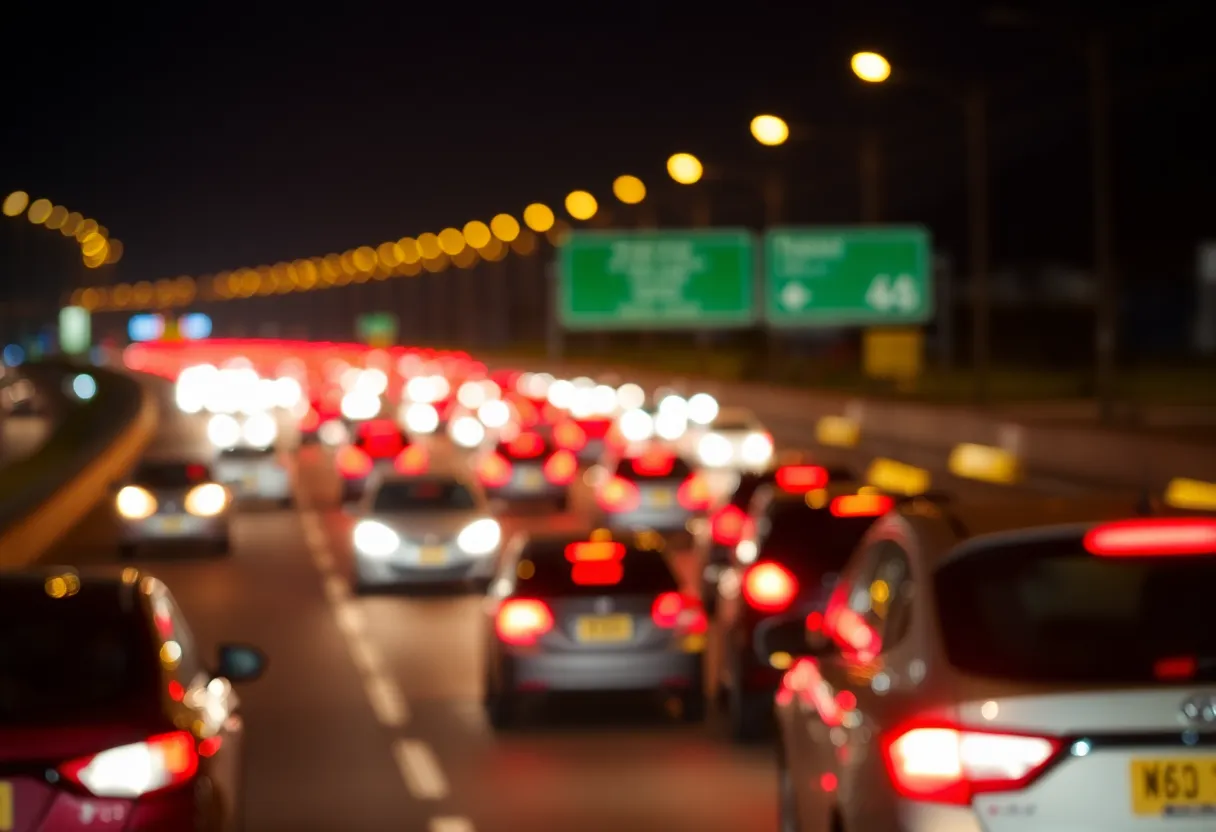 Night view of a busy freeway highlighting safety concerns for pedestrians.