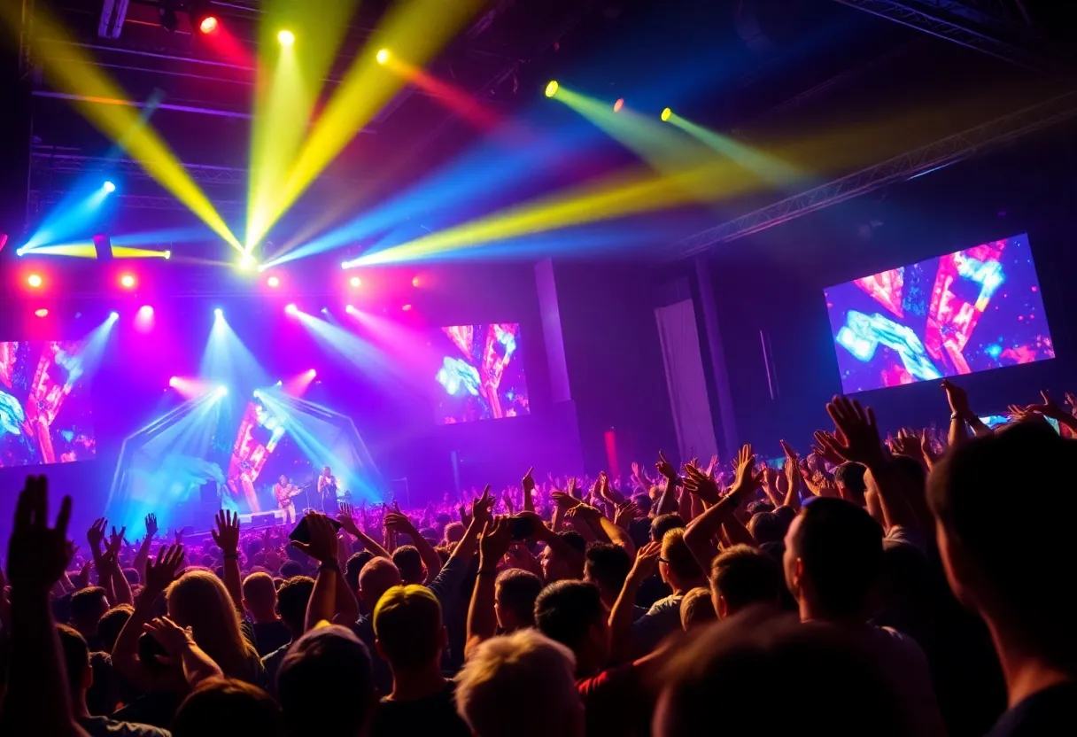 Concert scene of a livestream event featuring bright lights and an excited crowd.