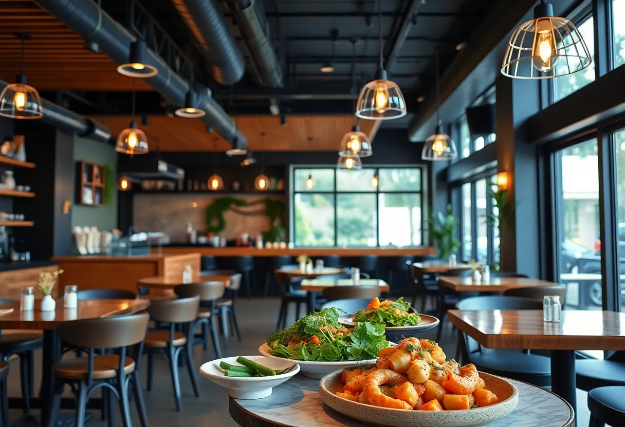 Interior view of Poppy's restaurant with dining setup and California-inspired dishes on display.
