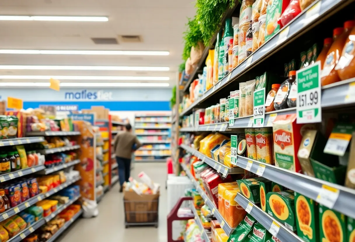 Grocery store aisle showcasing increased food prices
