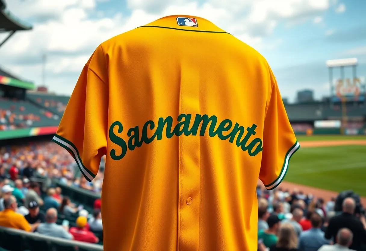 Gold jersey with 'Sacramento' in green font at a baseball stadium.