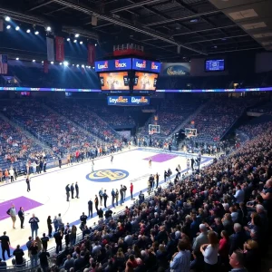 San Diego State basketball game at Viejas Arena with fans cheering