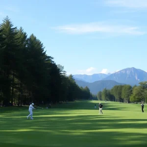 Golf course view with players representing San Diego State at the Wohali tournament.