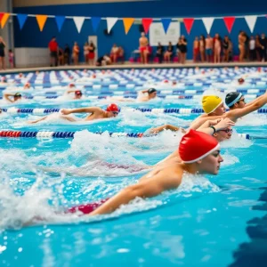 Swimmers competing at a home dual meet in San Diego