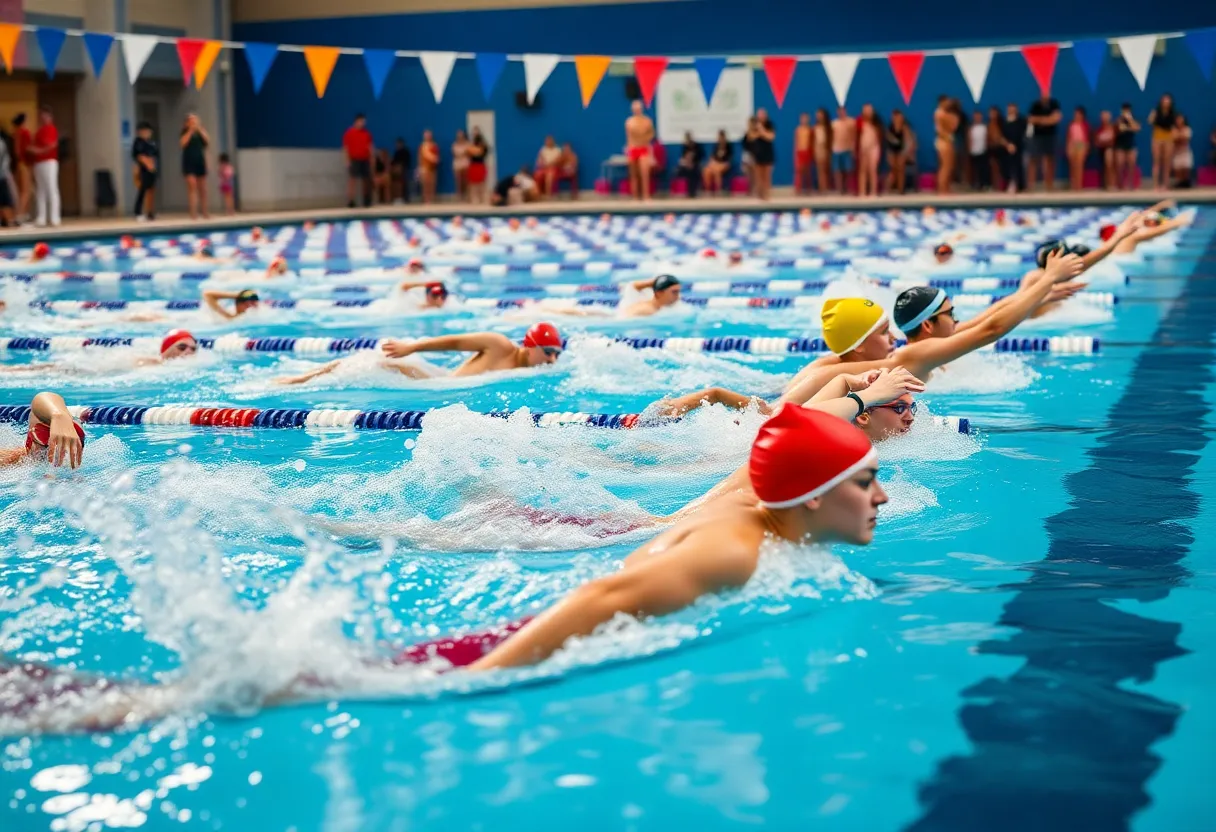 Swimmers competing at a home dual meet in San Diego