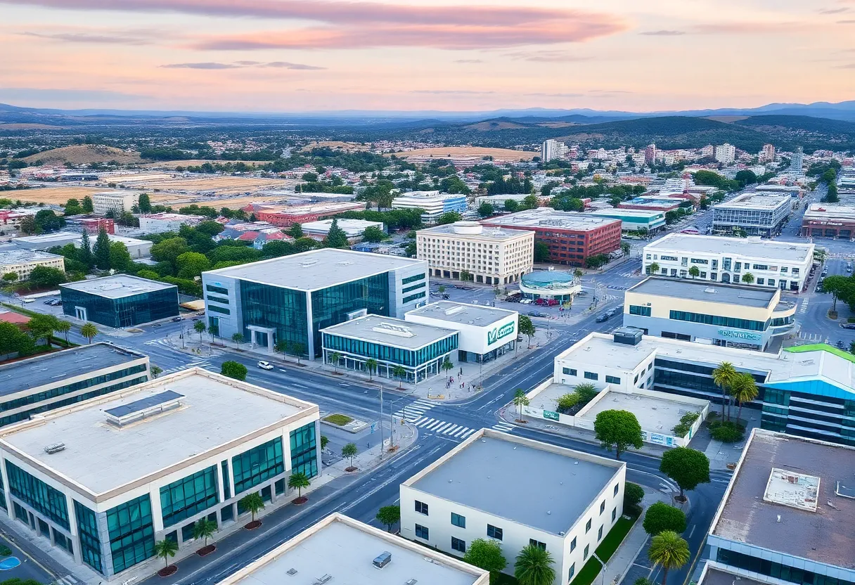 A view of the technology landscape in San Luis Obispo, showcasing modern architecture and greenery.