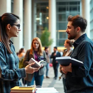 Students at SDSU discussing artificial intelligence concepts on campus.